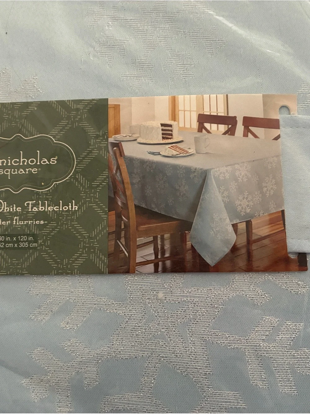 St. Nicholas Light Blue Winter Snowflake Tablecloth Rectangle 60  in x 120 in